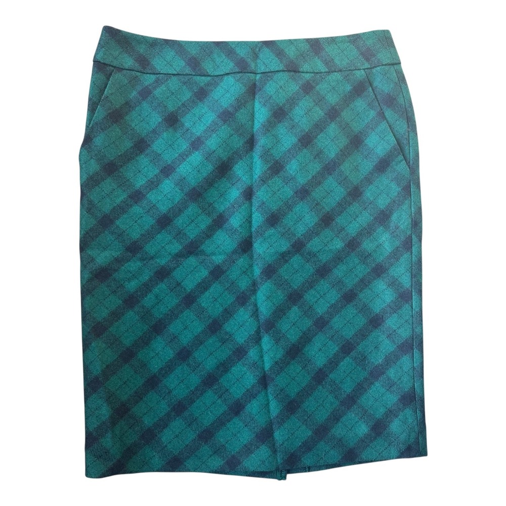 Vintage L.L.Bean 100% Wool Plaid Pencil Skirt Green Navy Size 6 Heritage Preppy